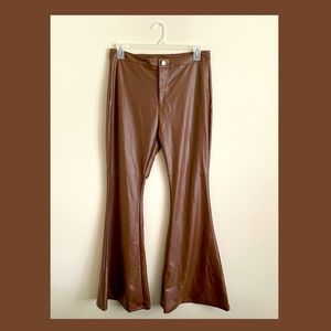 Chocolate brown faux leather bell bottoms.